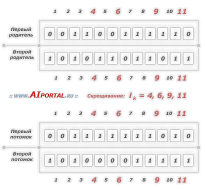 Генетические алгоритмы: четырехточечное скрещивание